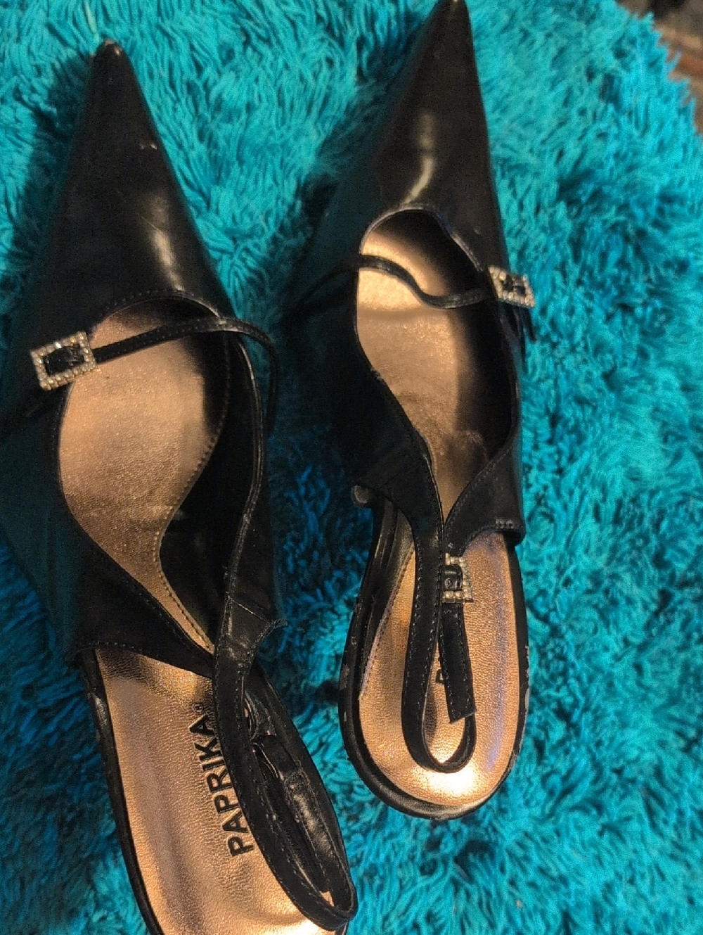 Paprika Black Pointed Slingback Heels with Crystal Buckles
